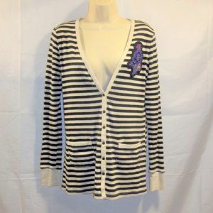 Ann Taylor LOFT Womens Cardigan Size M Striped Floral Embellished White Black
